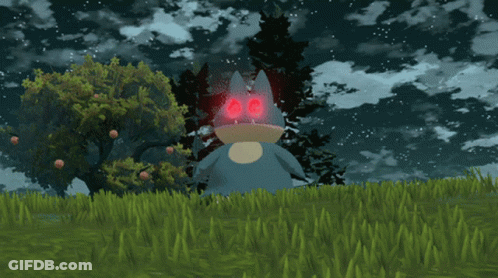 A Cartoon Character With Red Eyes Is Surrounded By Trees GIF