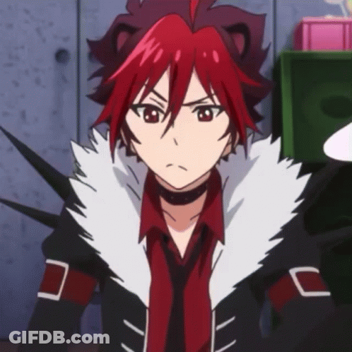 A Cartoon Character With Red Hair And A Black And White Coat GIF