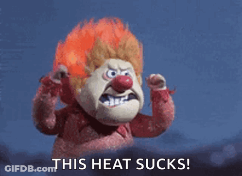 A Cartoon Character With Red Hair And A Red Nose Says This Heat Sucks . GIF