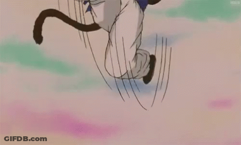 A Cartoon Character With Red Hair And A Tail Is Flying In The Air . GIF