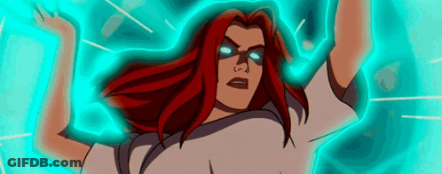 A Cartoon Character With Red Hair And Blue Eyes Is Standing In Front Of A Blue Background . GIF