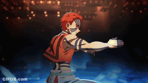 A Cartoon Character With Red Hair And Blue Stripes On His Body GIF