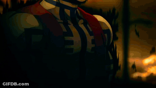 A Cartoon Character With Red Hair And Blue Stripes On His Face And Body GIF