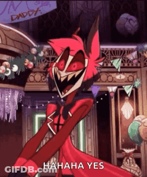 A Cartoon Character With Red Hair And Red Eyes Is Standing In A Room . GIF