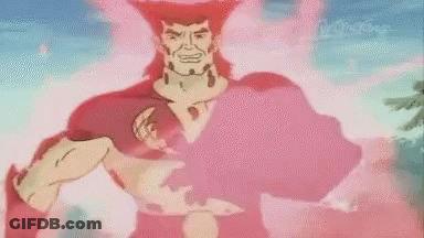 A Cartoon Character With Red Hair And Red Smoke Coming Out Of His Chest Is Standing In Front Of A Blue Sky . GIF