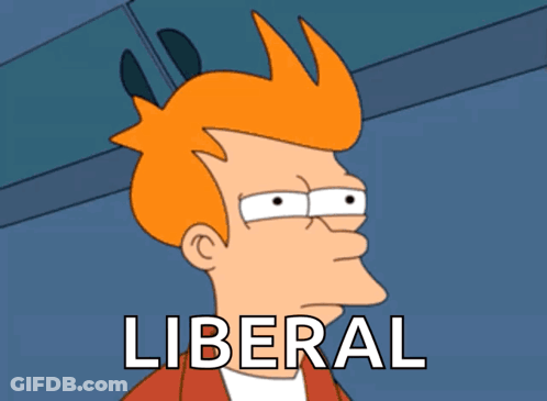 A Cartoon Character With Red Hair And The Word Liberal In White Letters GIF
