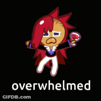 A Cartoon Character With Red Hair And The Word Overwhelmed On The Bottom GIF