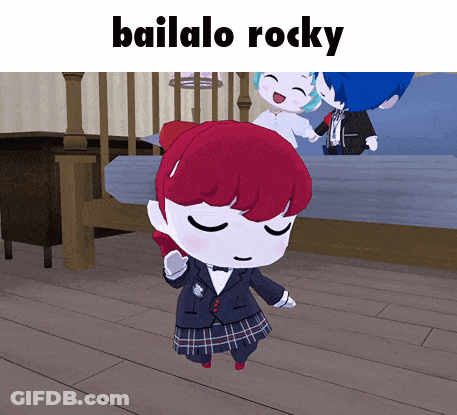 A Cartoon Character With Red Hair And The Words Bailalo Rocky On The Bottom GIF