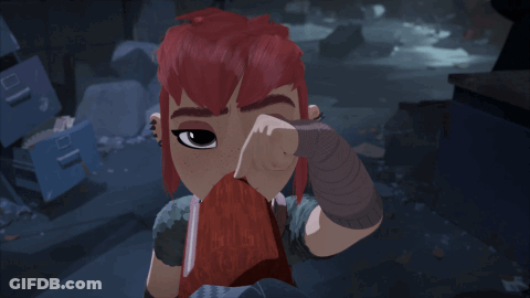 A Cartoon Character With Red Hair Covering Her Face GIF
