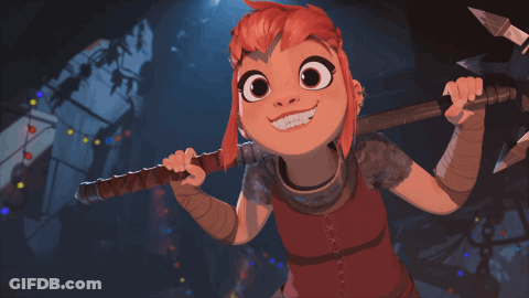 A Cartoon Character With Red Hair Holding A Sword GIF