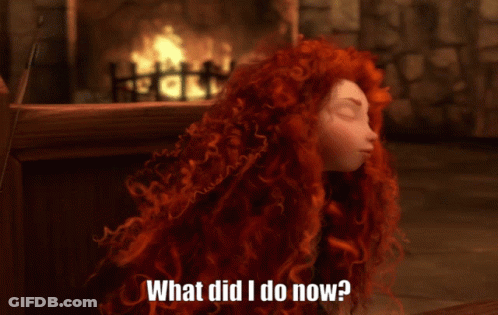 A Cartoon Character With Red Hair Is Asking What Did I Do Now GIF