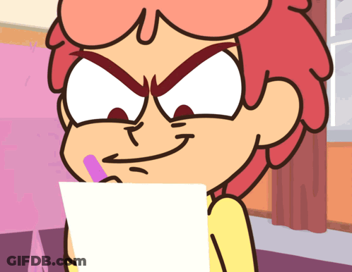 A Cartoon Character With Red Hair Is Holding A Piece Of Paper With A Pen In His Mouth GIF