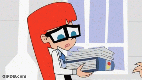 A Cartoon Character With Red Hair Is Holding A Stack Of Binders GIF