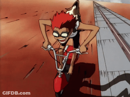 A Cartoon Character With Red Hair Is Riding A Motorcycle With A Dog On His Back GIF