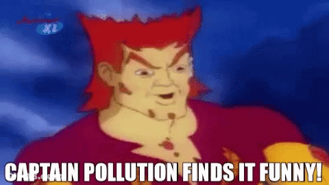 A Cartoon Character With Red Hair Is Saying `` Captain Pollution Finds It Funny '' . GIF