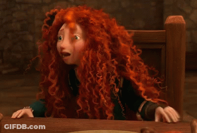 A Cartoon Character With Red Hair Is Sitting At A Table With Her Hands On Her Face . GIF