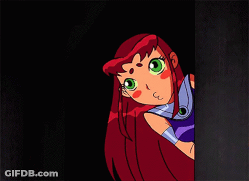 A Cartoon Character With Red Hair Is Smiling And Peeking Out From Behind A Wall GIF