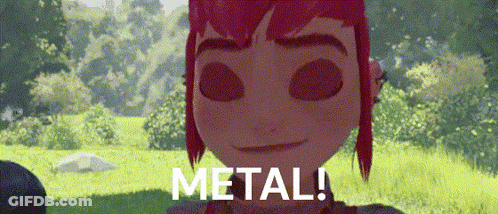 A Cartoon Character With Red Hair Is Standing In A Field With The Words `` Metal '' Written On The Bottom . GIF