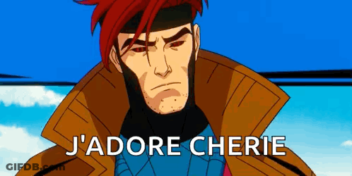 A Cartoon Character With Red Hair Is Standing In Front Of A Blue Sky And The Words `` J 'Adore Cherie '' . GIF