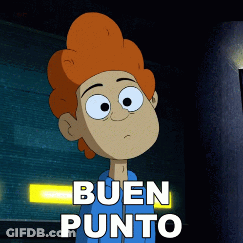 A Cartoon Character With Red Hair Is Standing In Front Of A Sign That Says " Buen Punto " GIF