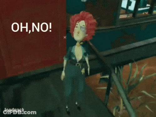 A Cartoon Character With Red Hair Is Standing In Front Of A Sign That Says Oh No GIF