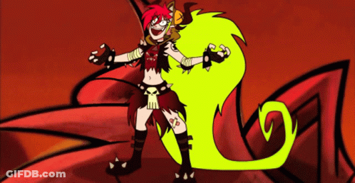 A Cartoon Character With Red Hair Is Standing Next To A Green Monster GIF
