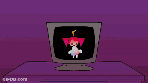 A Cartoon Character With Red Hair Stands In Front Of A Green Field GIF