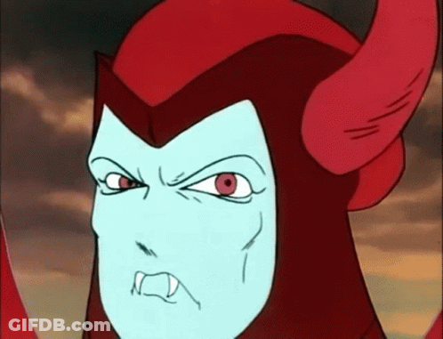 A Cartoon Character With Red Horns And A Blue Face Is Making An Angry Face GIF