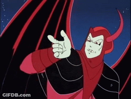 A Cartoon Character With Red Horns And A Red Cape GIF