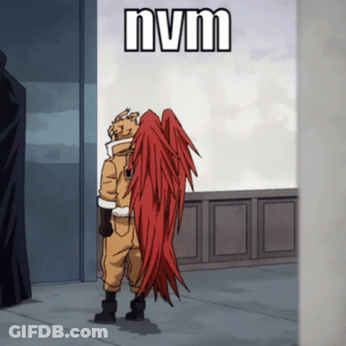A Cartoon Character With Red Wings Is Standing Next To A Wall With The Words Nvm Above Him GIF