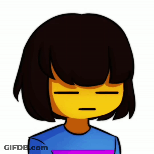A Cartoon Character With Short Black Hair And A Yellow Face Is Wearing A Blue Shirt And A Purple Stripe . GIF
