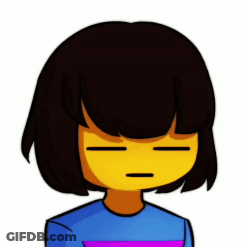 A Cartoon Character With Short Black Hair And A Yellow Face Is Wearing A Blue Shirt And A Purple Stripe . GIF