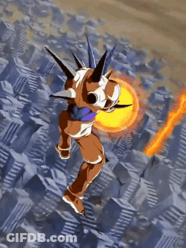 A Cartoon Character With Spikes On His Head Is Flying Through A City GIF