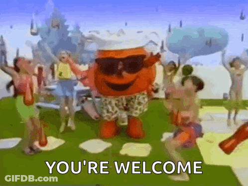 A Cartoon Character With Sunglasses And A Chef Hat Says You 'Re Welcome . GIF