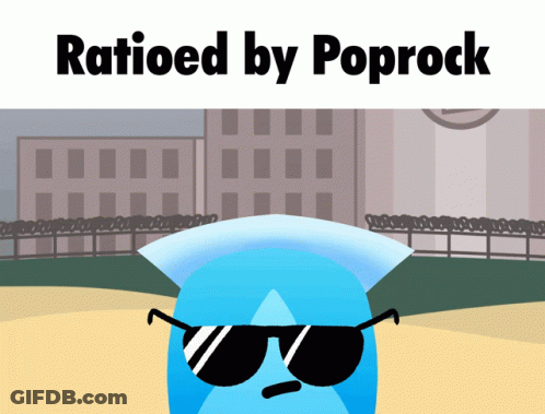 A Cartoon Character With Sunglasses And The Words " Ratioed By Poprock " Above Him GIF