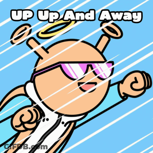 A Cartoon Character With Sunglasses And The Words Up Up And Away Behind Him GIF