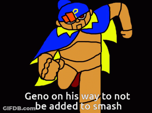 A Cartoon Character With The Caption Geno On His Way To Not Be Added To Smash Is Running GIF