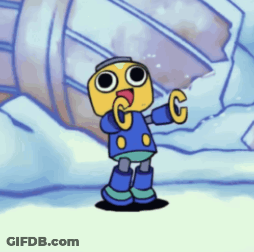 A Cartoon Character With The Letter C On His Arm Stands In The Snow GIF