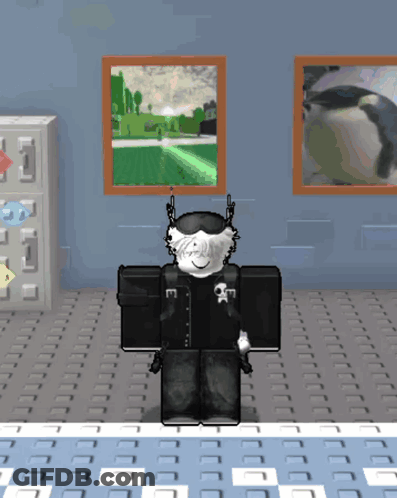 A Cartoon Character With The Letter E On His Chest Is Standing In A Room With Pictures On The Wall GIF