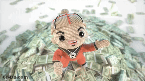 A Cartoon Character With The Letter R On His Chest Is Standing In A Pile Of Money GIF