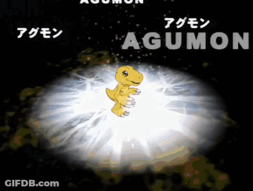 A Cartoon Character With The Name Agumon On The Bottom Right GIF