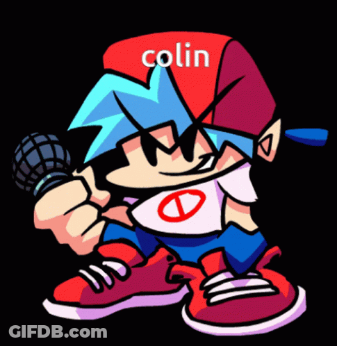 A Cartoon Character With The Name Colin Written On His Hat GIF