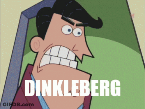 A Cartoon Character With The Name Dinkleberg Written On The Bottom GIF