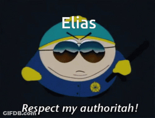 A Cartoon Character With The Name Elias On His Head GIF