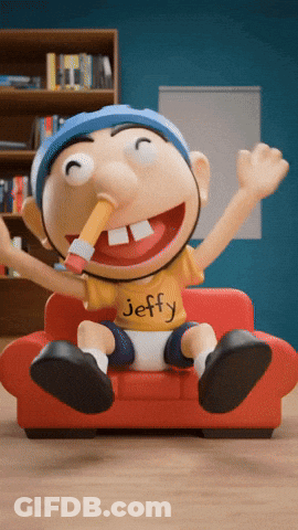 A Cartoon Character With The Name Jeffy On His Shirt Is Sitting On A Red Couch GIF