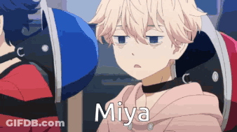 A Cartoon Character With The Name Miya Written On His Chest GIF