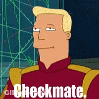 A Cartoon Character With The Word Checkmate Written On His Chest GIF