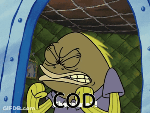 A Cartoon Character With The Word Cod Written On His Face GIF