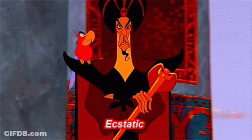 A Cartoon Character With The Word Ecstatic Written On The Bottom GIF