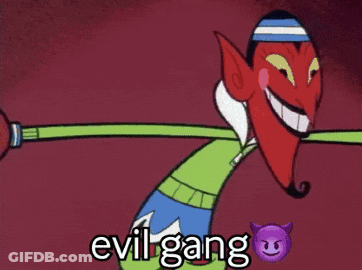 A Cartoon Character With The Word Evil Gang Written On It GIF